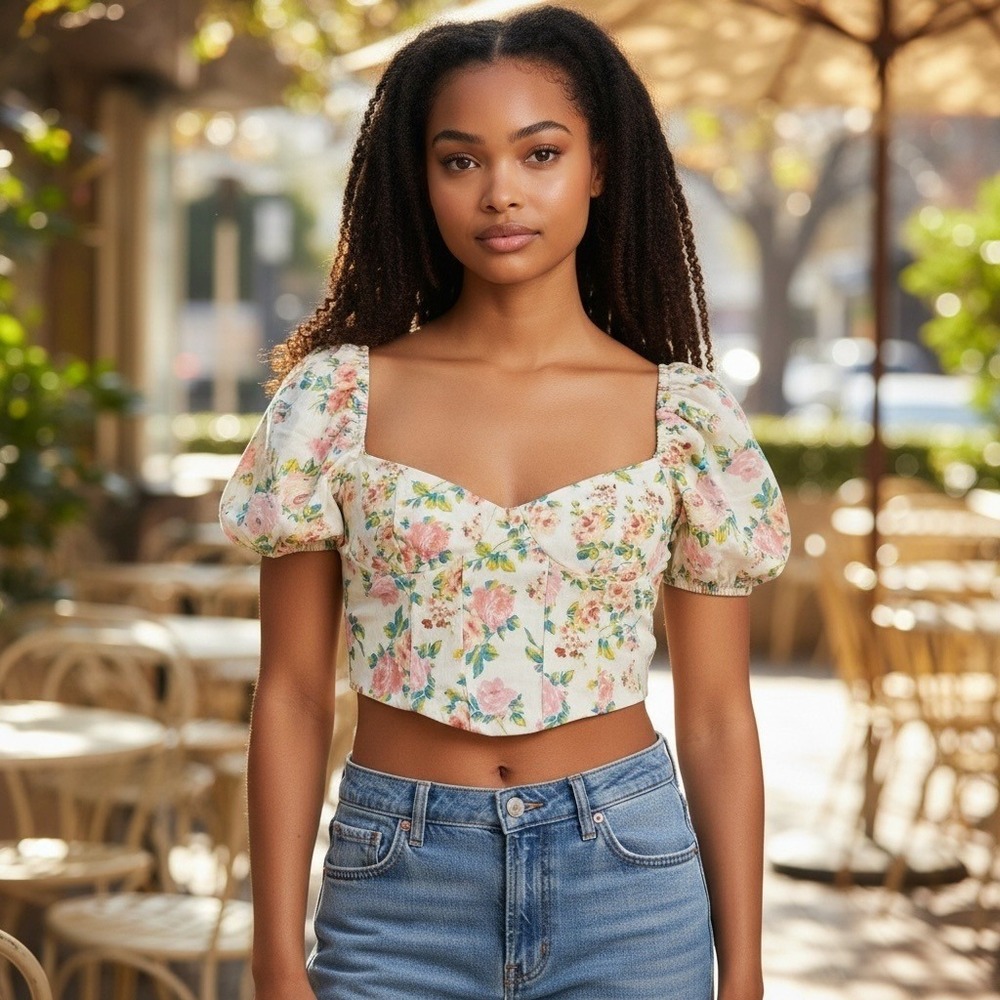 Zara Floral Corset Top M Cream Pink Puff Sleeve Crop Regencycore Milkmaid